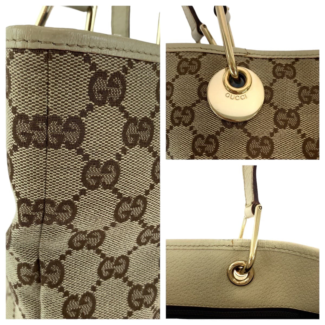 GUCCI Tote Bag GG canvas Beige Brown Gold Metal Tote Bag handbag Women Used Authentic