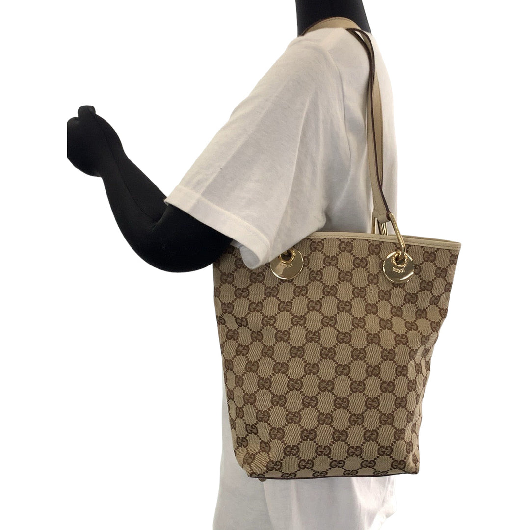GUCCI Tote Bag GG canvas Beige Brown Gold Metal Tote Bag handbag Women Used Authentic