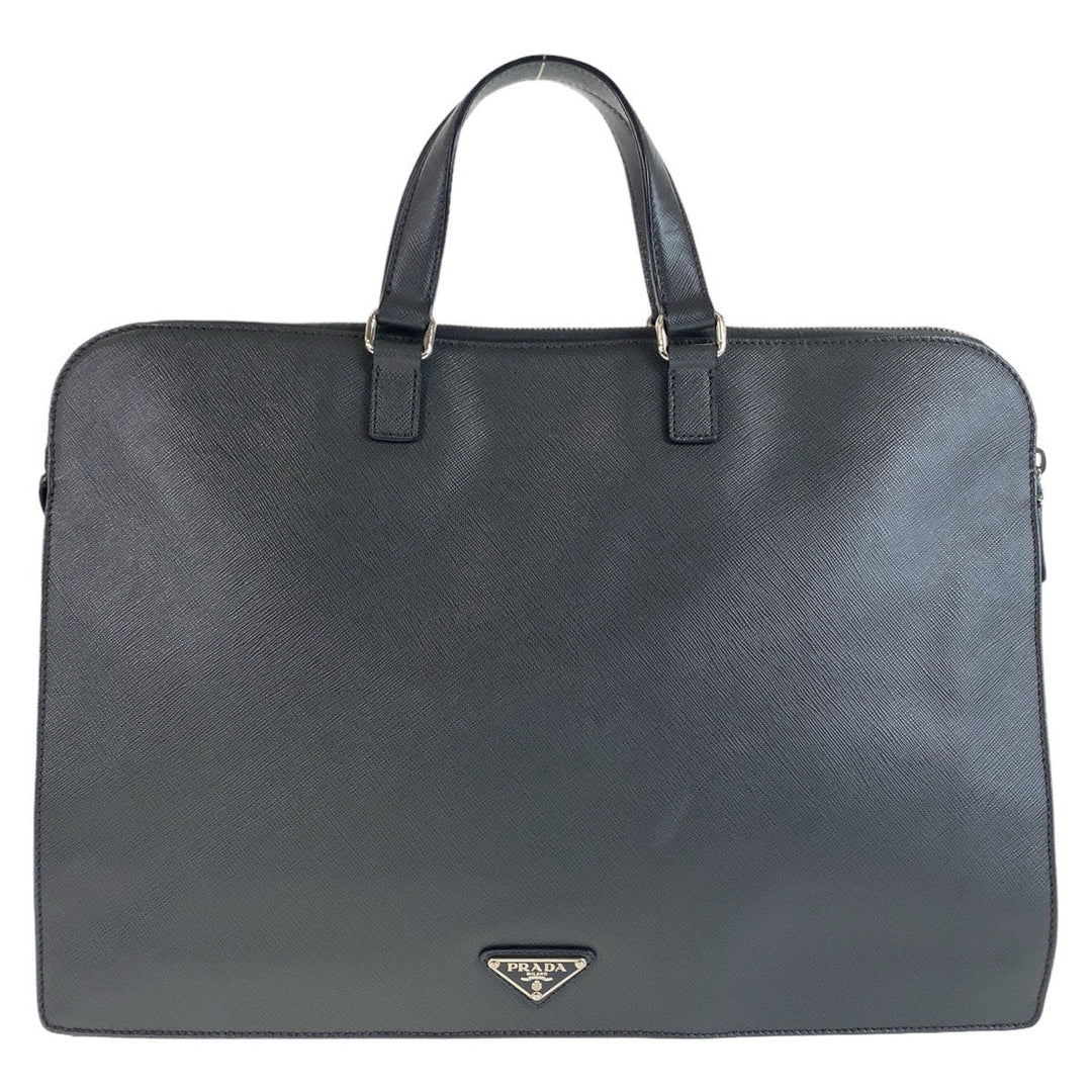 PRADA Business bag leather Dark Grey SilverMetal Business bag briefcase A4 compatible Safiano Triangle With logo mens Used Authentic