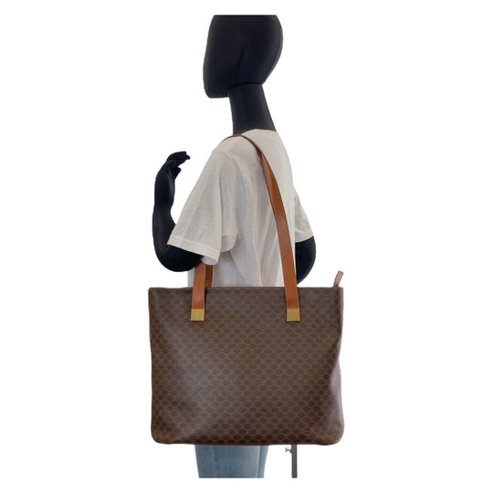 CELINE Tote Bag PVC, Leather Brown Gold Metal Tote Bag Handbag Shoulder Bag Macadam Women Used Authentic