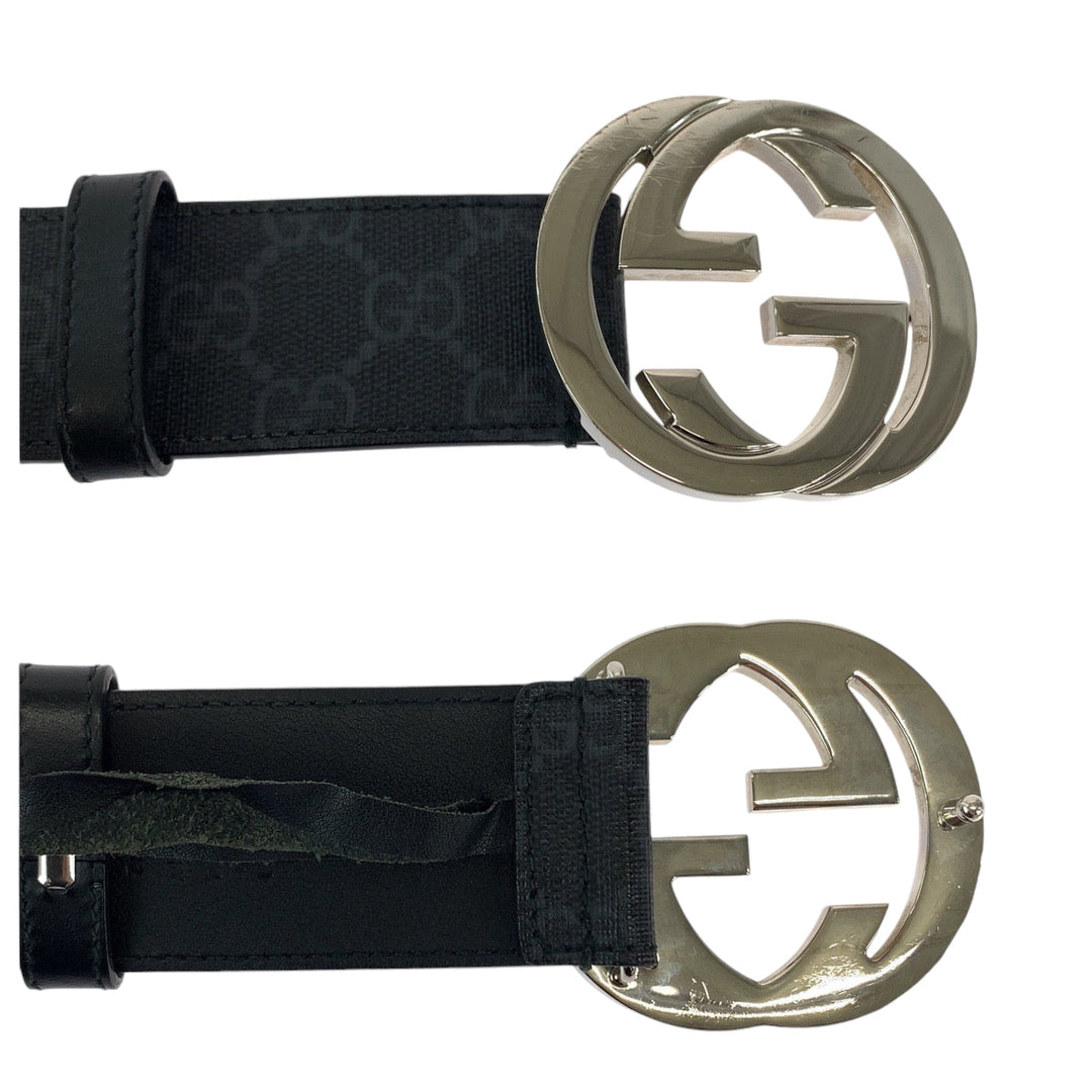 GUCCI belt 490199 GG Supreme Canvas Black SilverMetal Belt buckle Interlocking mens 42 Used Authentic