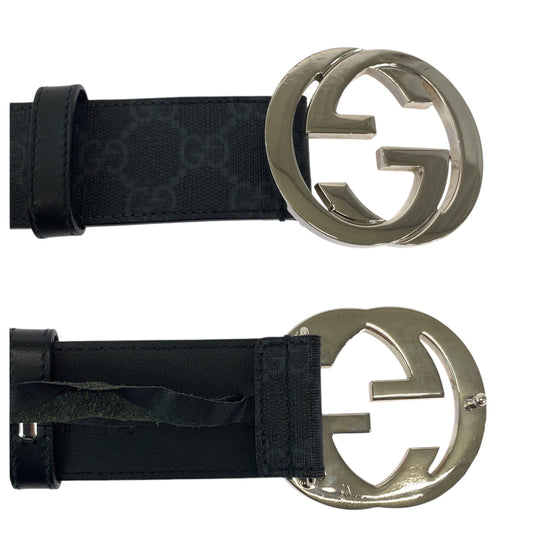 GUCCI belt 490199 GG Supreme Canvas Black SilverMetal Belt buckle Interlocking mens 42 Used Authentic