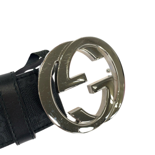 GUCCI belt 490199 GG Supreme Canvas Black SilverMetal Belt buckle Interlocking mens 42 Used Authentic