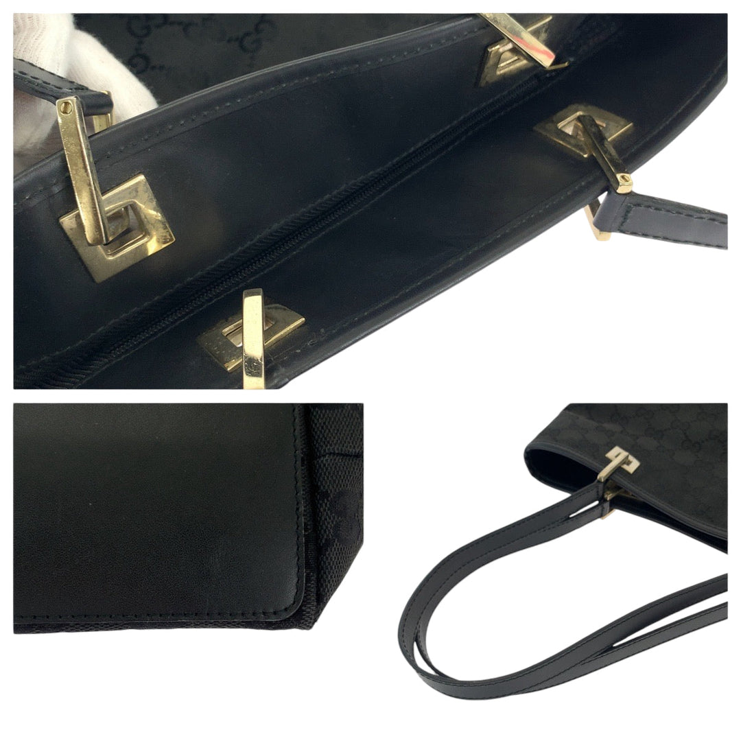 GUCCI Tote Bag 002 1099 GG canvas Black Gold Metal Tote Bag Shoulder Bag Women Used Authentic