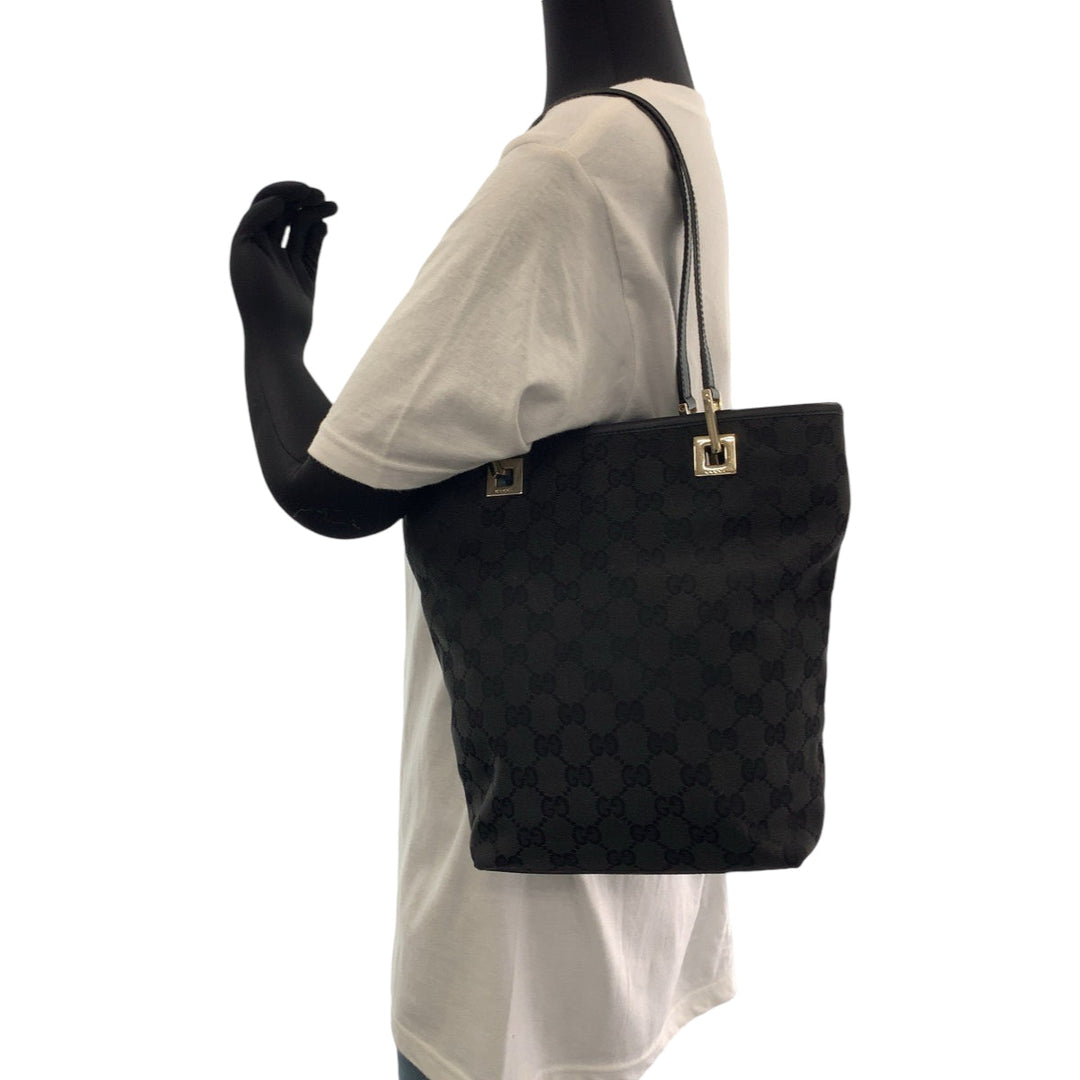 GUCCI Tote Bag 002 1099 GG canvas Black Gold Metal Tote Bag Shoulder Bag Women Used Authentic