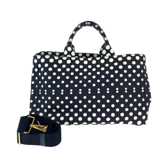 PRADA Tote Bag BN1872 canvas Navy White Gold Metal Canapa Bag Shoulder Bag 2way Canapa Dot Women Used Authentic