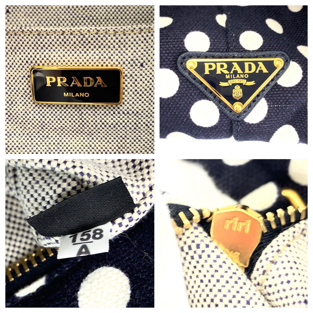 PRADA Tote Bag BN1872 canvas Navy White Gold Metal Canapa Bag Shoulder Bag 2way Canapa Dot Women Used Authentic