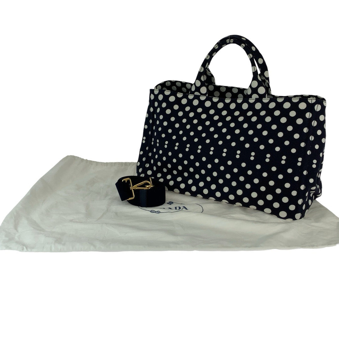 PRADA Tote Bag BN1872 canvas Navy White Gold Metal Canapa Bag Shoulder Bag 2way Canapa Dot Women Used Authentic