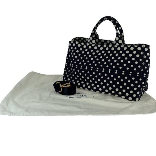 PRADA Tote Bag BN1872 canvas Navy White Gold Metal Canapa Bag Shoulder Bag 2way Canapa Dot Women Used Authentic