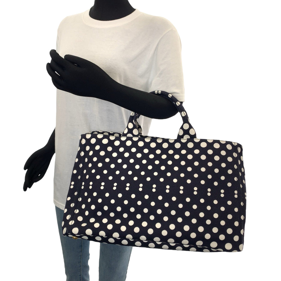 PRADA Tote Bag BN1872 canvas Navy White Gold Metal Canapa Bag Shoulder Bag 2way Canapa Dot Women Used Authentic