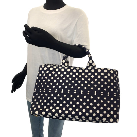 PRADA Tote Bag BN1872 canvas Navy White Gold Metal Canapa Bag Shoulder Bag 2way Canapa Dot Women Used Authentic