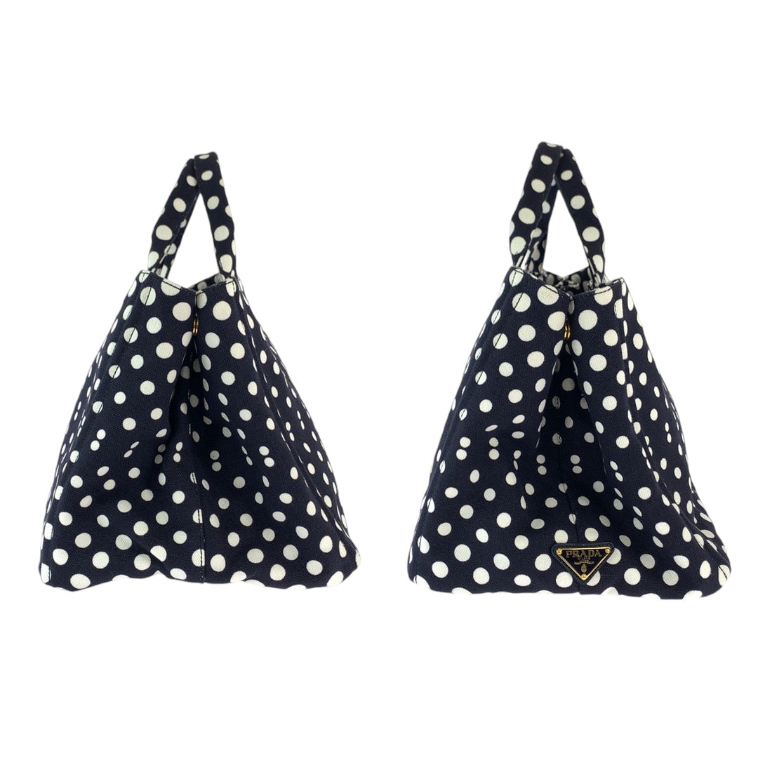 PRADA Tote Bag BN1872 canvas Navy White Gold Metal Canapa Bag Shoulder Bag 2way Canapa Dot Women Used Authentic