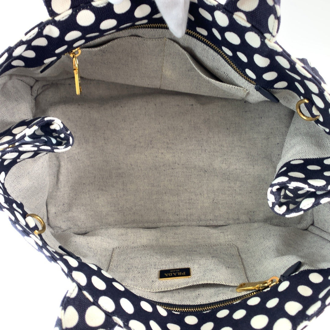 PRADA Tote Bag BN1872 canvas Navy White Gold Metal Canapa Bag Shoulder Bag 2way Canapa Dot Women Used Authentic