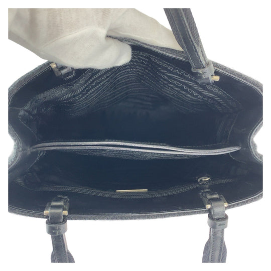 PRADA Tote Bag wool Black SilverMetal Tote Bag Shoulder Bag Triangle With logo Women Used Authentic