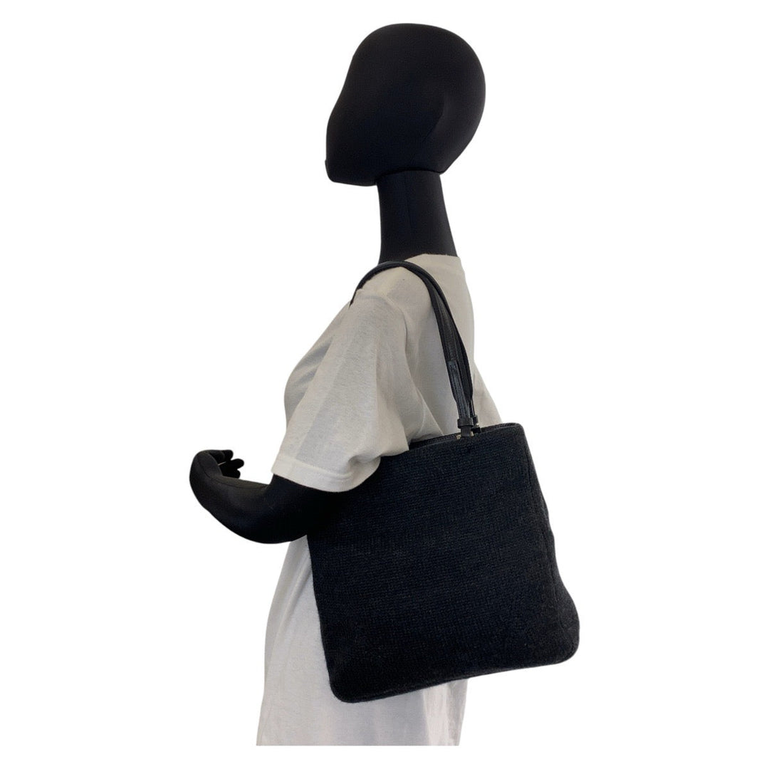 PRADA Tote Bag wool Black SilverMetal Tote Bag Shoulder Bag Triangle With logo Women Used Authentic