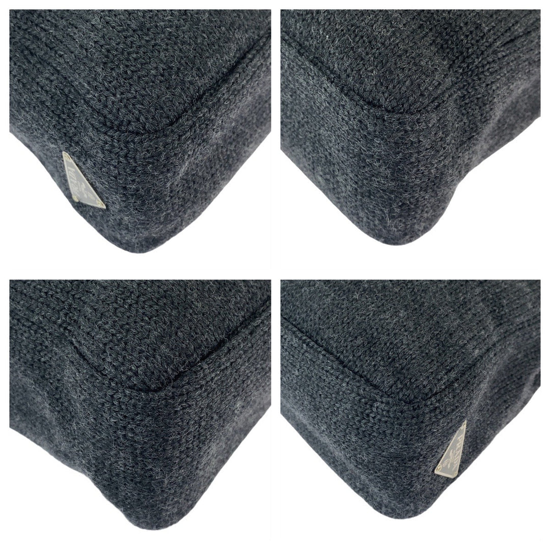 PRADA Tote Bag wool Black SilverMetal Tote Bag Shoulder Bag Triangle With logo Women Used Authentic