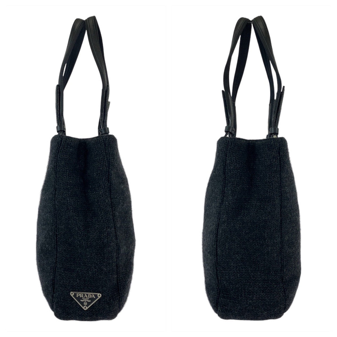 PRADA Tote Bag wool Black SilverMetal Tote Bag Shoulder Bag Triangle With logo Women Used Authentic
