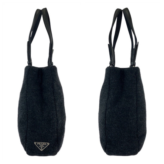 PRADA Tote Bag wool Black SilverMetal Tote Bag Shoulder Bag Triangle With logo Women Used Authentic