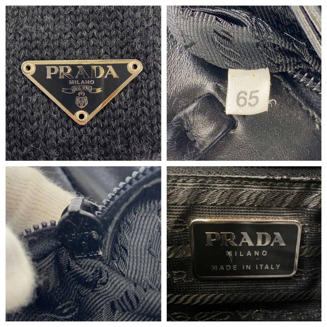 PRADA Tote Bag wool Black SilverMetal Tote Bag Shoulder Bag Triangle With logo Women Used Authentic