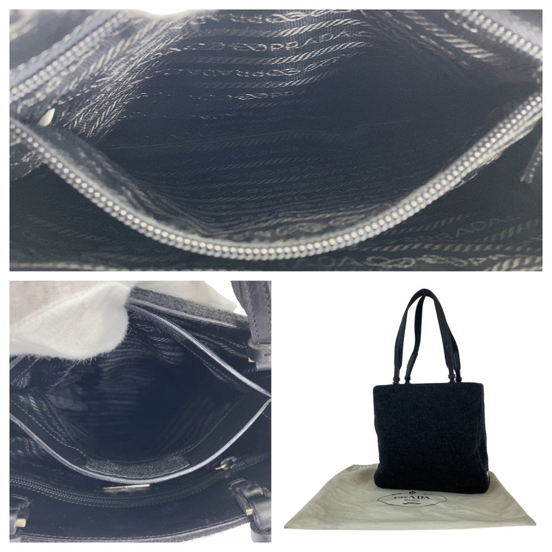 PRADA Tote Bag wool Black SilverMetal Tote Bag Shoulder Bag Triangle With logo Women Used Authentic