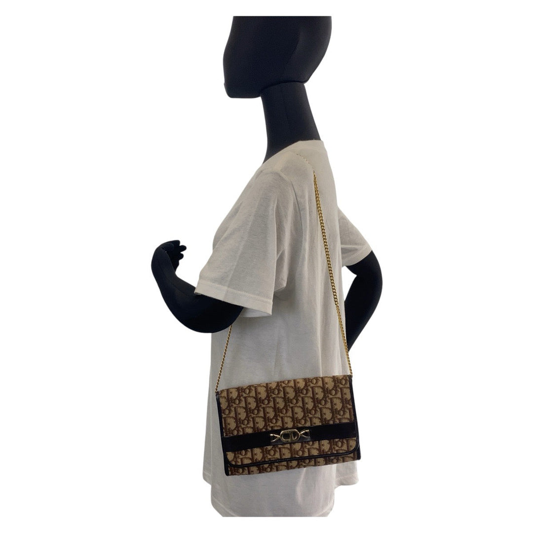 Christian Dior Shoulder Bag Canvas, Leather Brown Beige Gold Metal Shoulder Bag ChainShoulder Bag Trotter Women Used Authentic