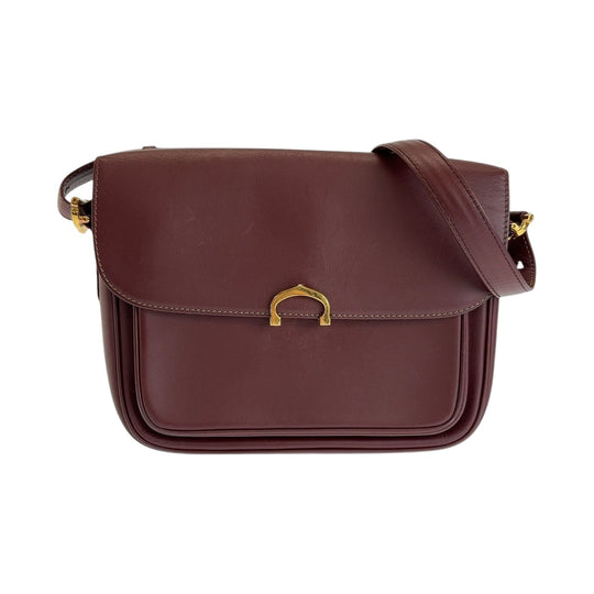 CARTIER Shoulder Bag leather Wine Red Bordeaux Gold Metal Crossbody Shoulder Bag Pochette Must Line Women Used Authentic