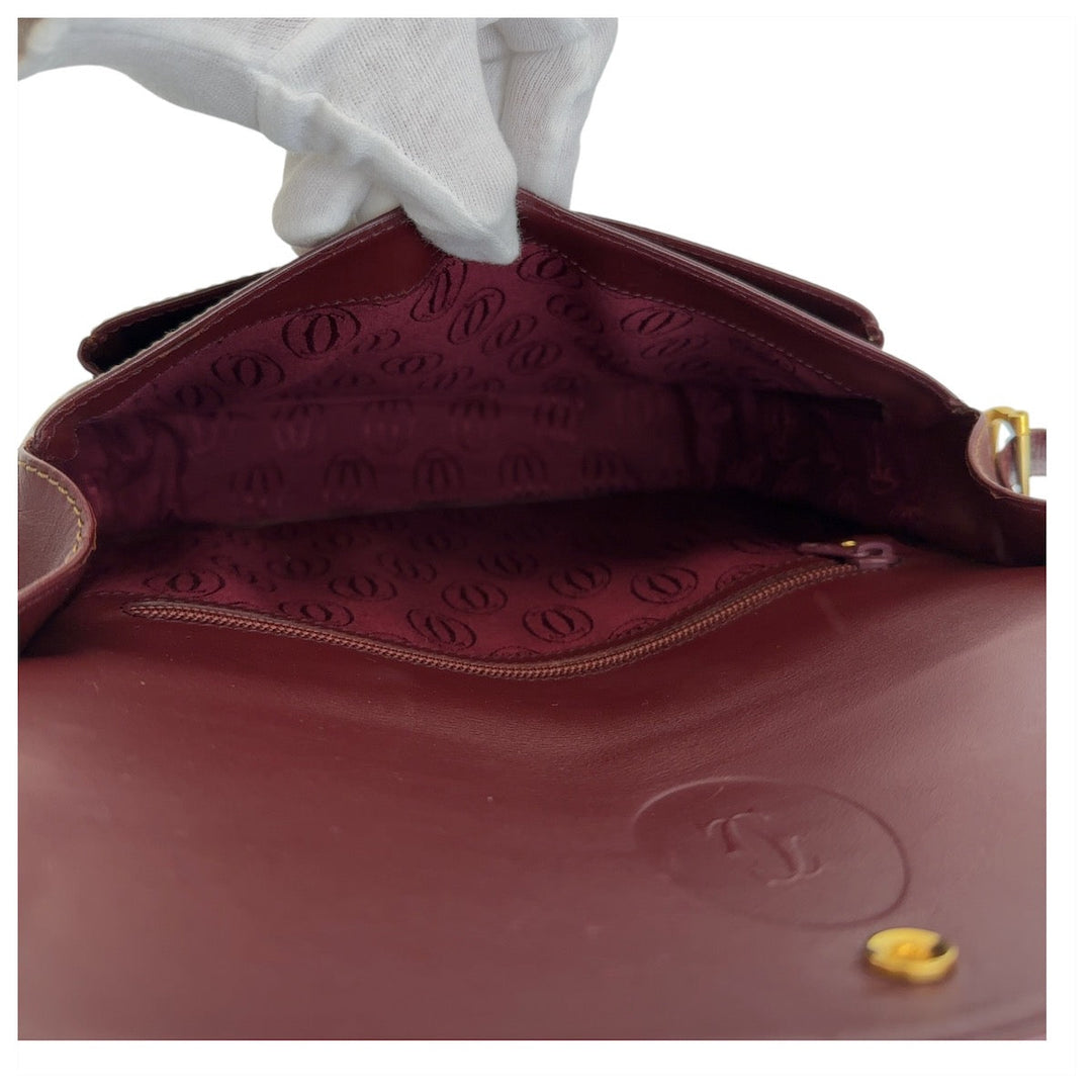 CARTIER Shoulder Bag leather Wine Red Bordeaux Gold Metal Crossbody Shoulder Bag Pochette Must Line Women Used Authentic