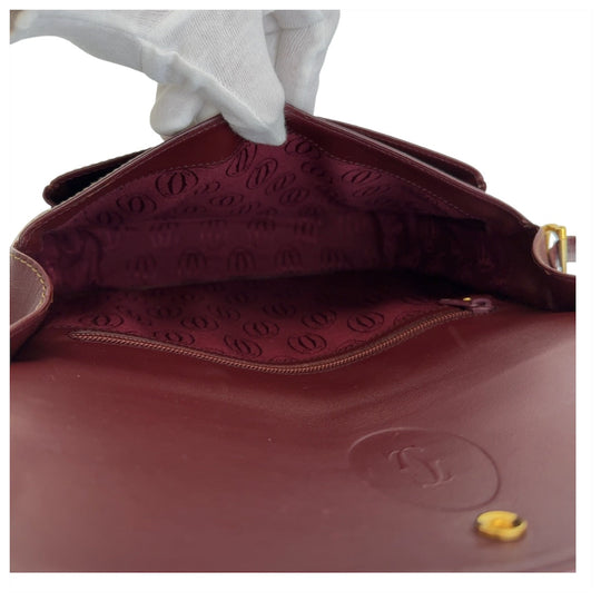 CARTIER Shoulder Bag leather Wine Red Bordeaux Gold Metal Crossbody Shoulder Bag Pochette Must Line Women Used Authentic