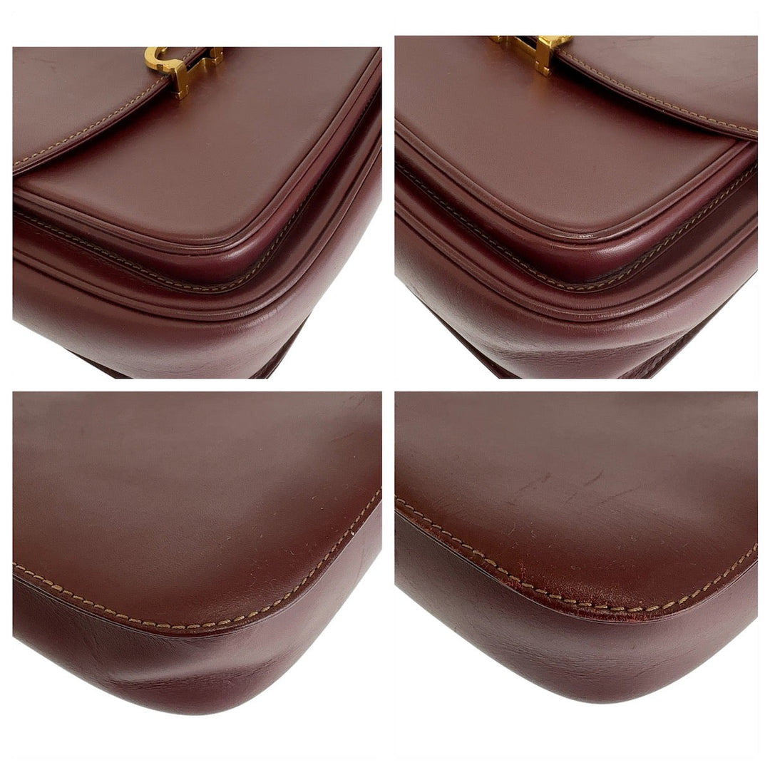 CARTIER Shoulder Bag leather Wine Red Bordeaux Gold Metal Crossbody Shoulder Bag Pochette Must Line Women Used Authentic