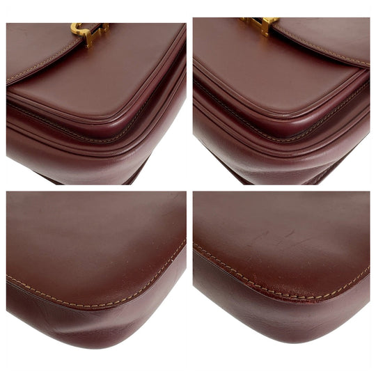 CARTIER Shoulder Bag leather Wine Red Bordeaux Gold Metal Crossbody Shoulder Bag Pochette Must Line Women Used Authentic
