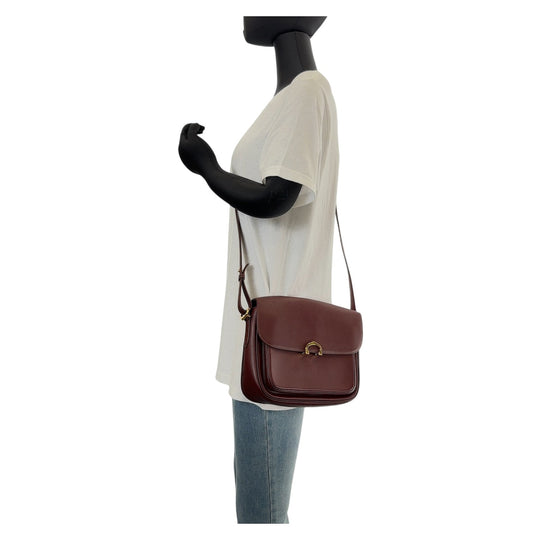 CARTIER Shoulder Bag leather Wine Red Bordeaux Gold Metal Crossbody Shoulder Bag Pochette Must Line Women Used Authentic