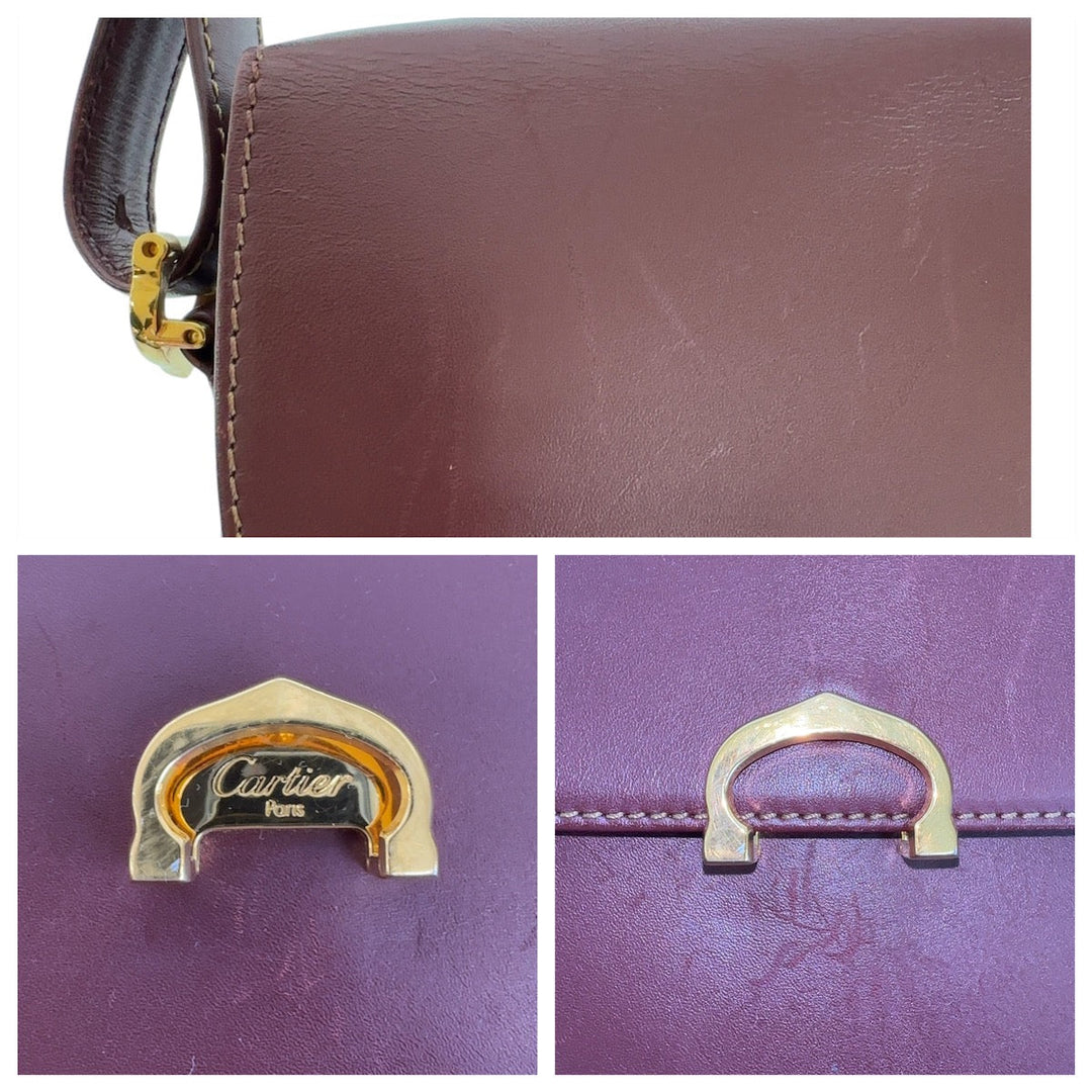 CARTIER Shoulder Bag leather Wine Red Bordeaux Gold Metal Crossbody Shoulder Bag Pochette Must Line Women Used Authentic