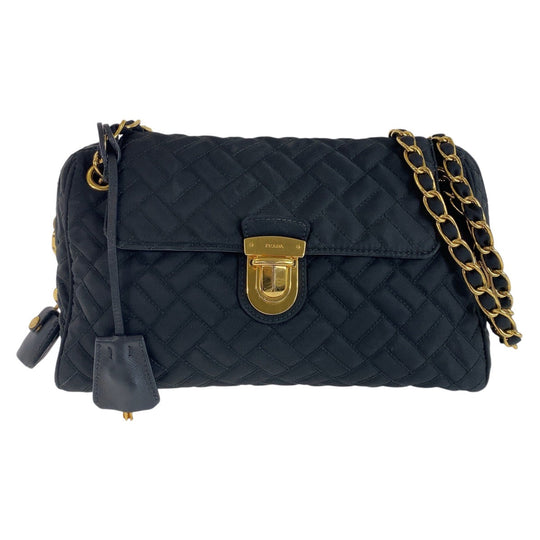 PRADA Shoulder Bag Nylon Black GoldMetal Shoulder Bag ChainShoulder Bag Test suit quilting Women Used Authentic