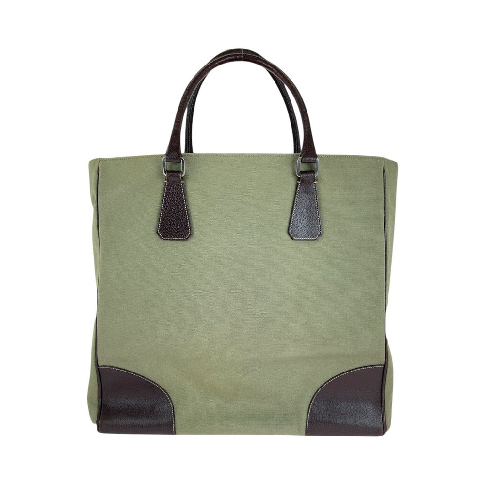 PRADA Tote Bag Canvas, Leather Khaki Brown SilverMetal Tote Bag Shoulder Bag Unisex Triangle With logo Women Used Authentic