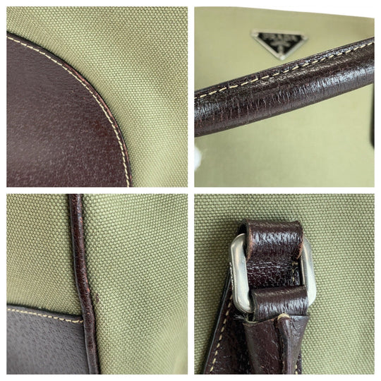 PRADA Tote Bag Canvas, Leather Khaki Brown SilverMetal Tote Bag Shoulder Bag Unisex Triangle With logo Women Used Authentic