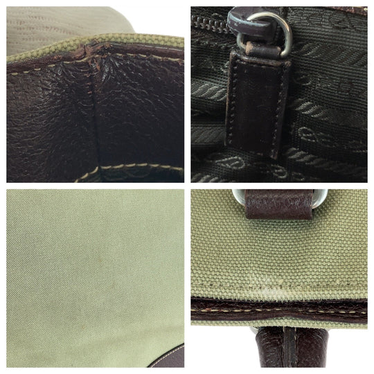 PRADA Tote Bag Canvas, Leather Khaki Brown SilverMetal Tote Bag Shoulder Bag Unisex Triangle With logo Women Used Authentic