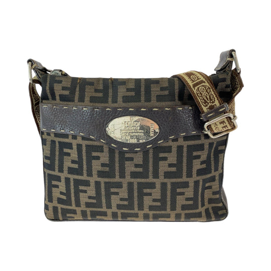 FENDI Shoulder Bag 8BT092 canvas Brown Beige Gold Metal Shoulder Bag pochette Zucca Pattern Women Used Authentic
