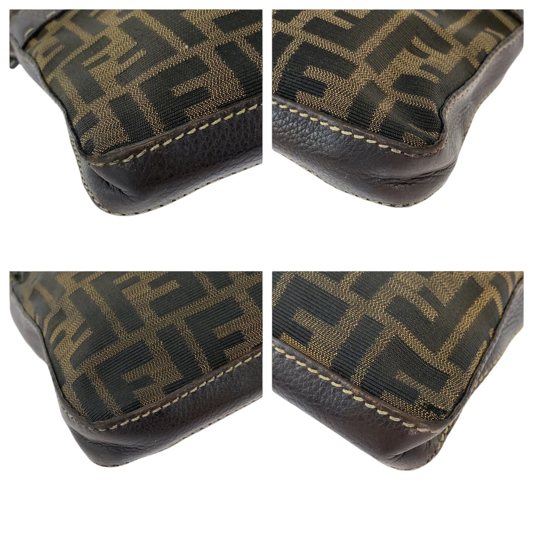 FENDI Shoulder Bag 8BT092 canvas Brown Beige Gold Metal Shoulder Bag pochette Zucca Pattern Women Used Authentic