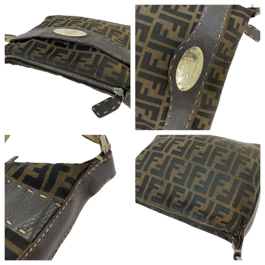 FENDI Shoulder Bag 8BT092 canvas Brown Beige Gold Metal Shoulder Bag pochette Zucca Pattern Women Used Authentic