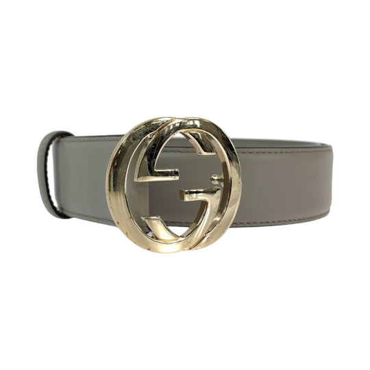 GUCCI belt 546386 leather Greige Gold Metal belt Interlocking mens 32 Used Authentic