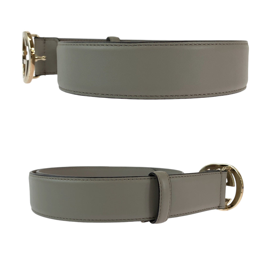 GUCCI belt 546386 leather Greige Gold Metal belt Interlocking mens 32 Used Authentic