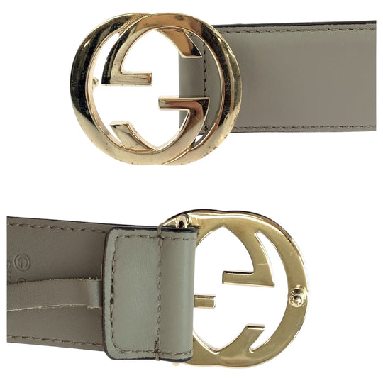 GUCCI belt 546386 leather Greige Gold Metal belt Interlocking mens 32 Used Authentic