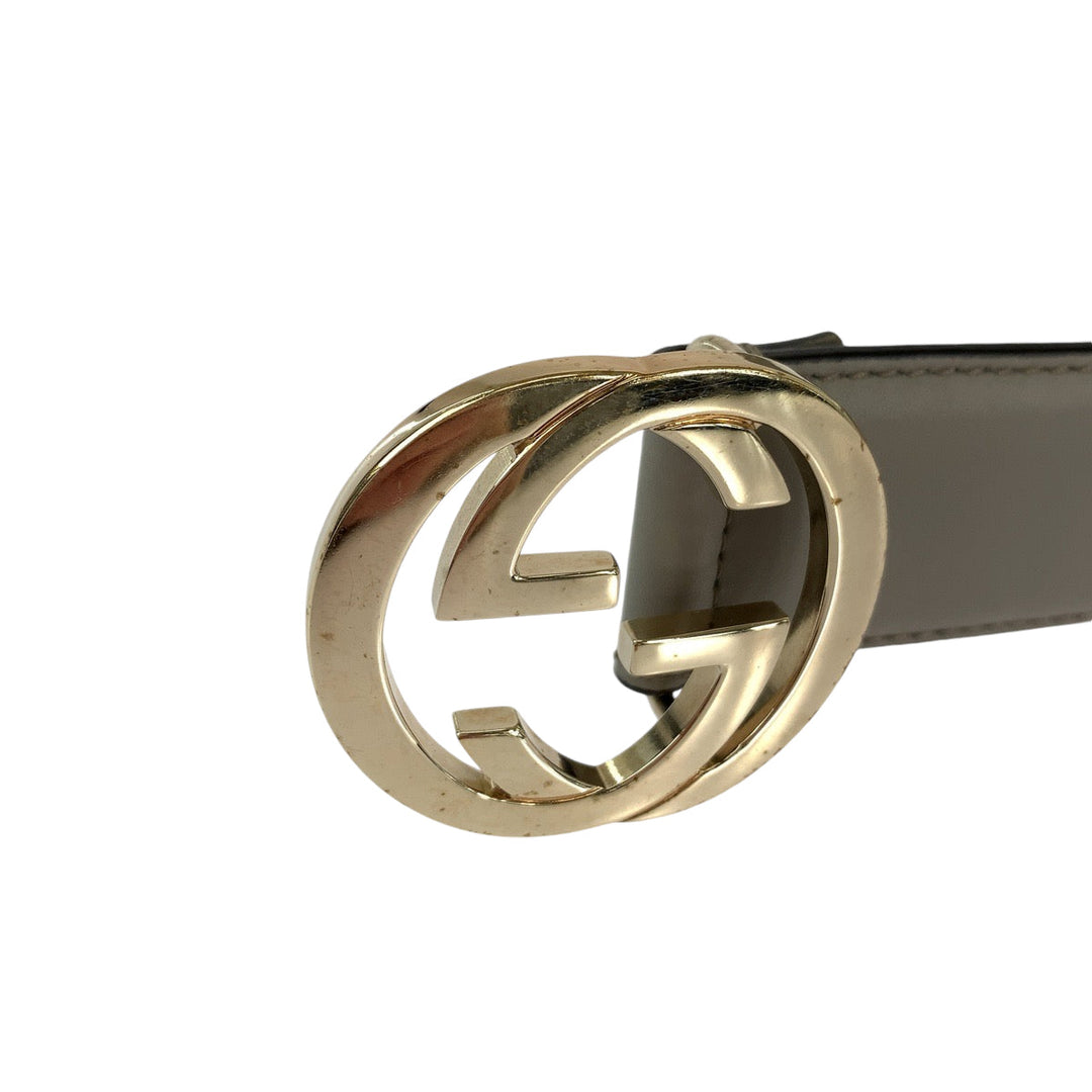 GUCCI belt 546386 leather Greige Gold Metal belt Interlocking mens 32 Used Authentic