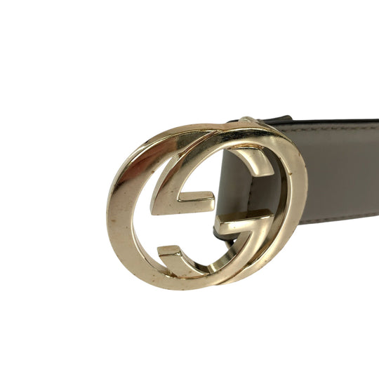 GUCCI belt 546386 leather Greige Gold Metal belt Interlocking mens 32 Used Authentic