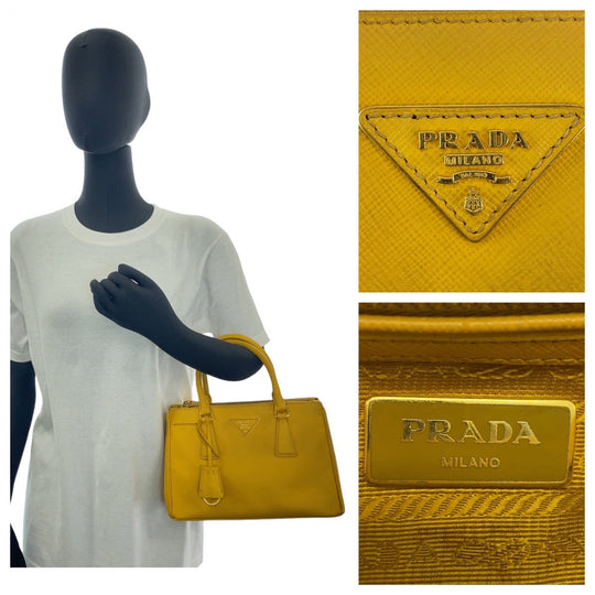 PRADA Handbag leather Yellow Gold Metal Handbag Tote Bag Shoulder Bag 2way Safiano TriangleWith logo Galleria Women Used Authentic