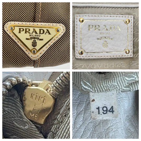 PRADA Tote Bag Canvas, Leather Beige Gold Metal Tote Bag Shoulder Bag 2way Logo jacquard Women Used Authentic