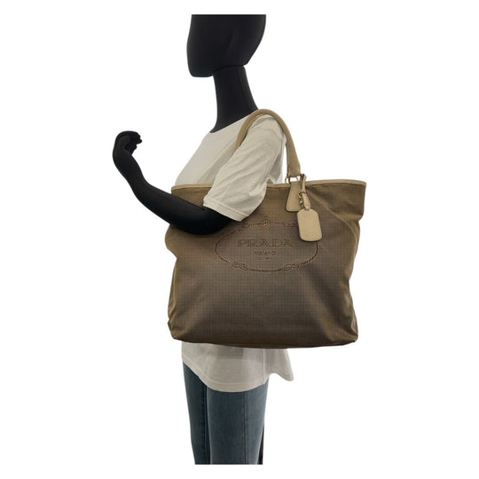 PRADA Tote Bag Canvas, Leather Beige Gold Metal Tote Bag Shoulder Bag 2way Logo jacquard Women Used Authentic