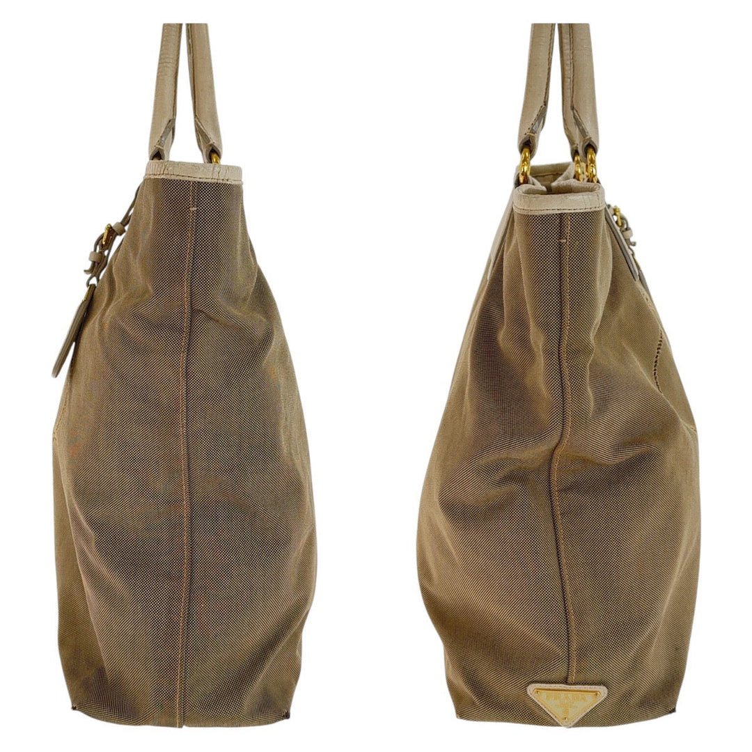 PRADA Tote Bag Canvas, Leather Beige Gold Metal Tote Bag Shoulder Bag 2way Logo jacquard Women Used Authentic