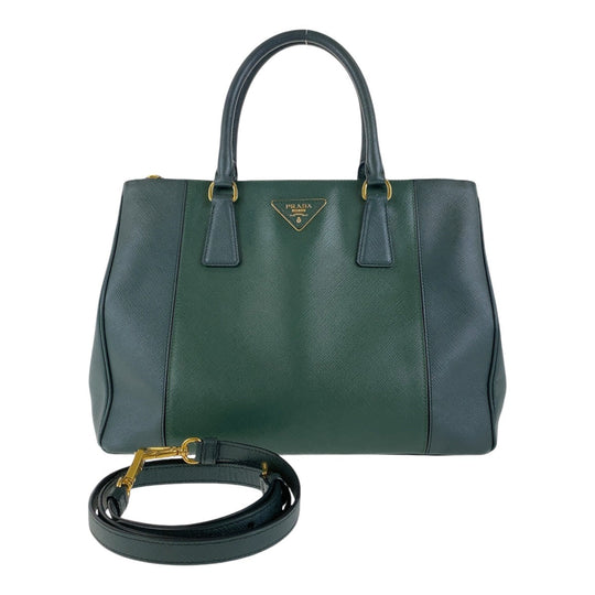 PRADA Tote Bag leather Green GoldMetal Tote Bag Handbag Shoulder Bag 2way Safiano Triangle With logo Women Used Authentic