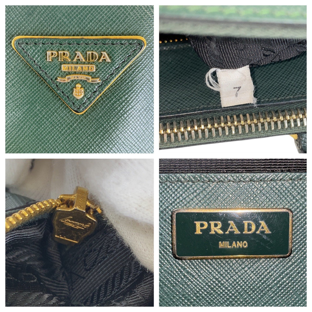 PRADA Tote Bag leather Green GoldMetal Tote Bag Handbag Shoulder Bag 2way Safiano Triangle With logo Women Used Authentic